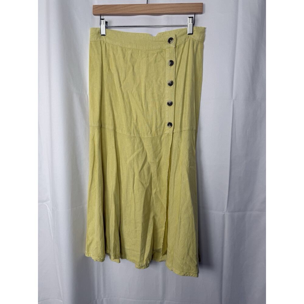 Free People Linen Blend Button Front Midi Skirt Neon Yellow Green Size M
